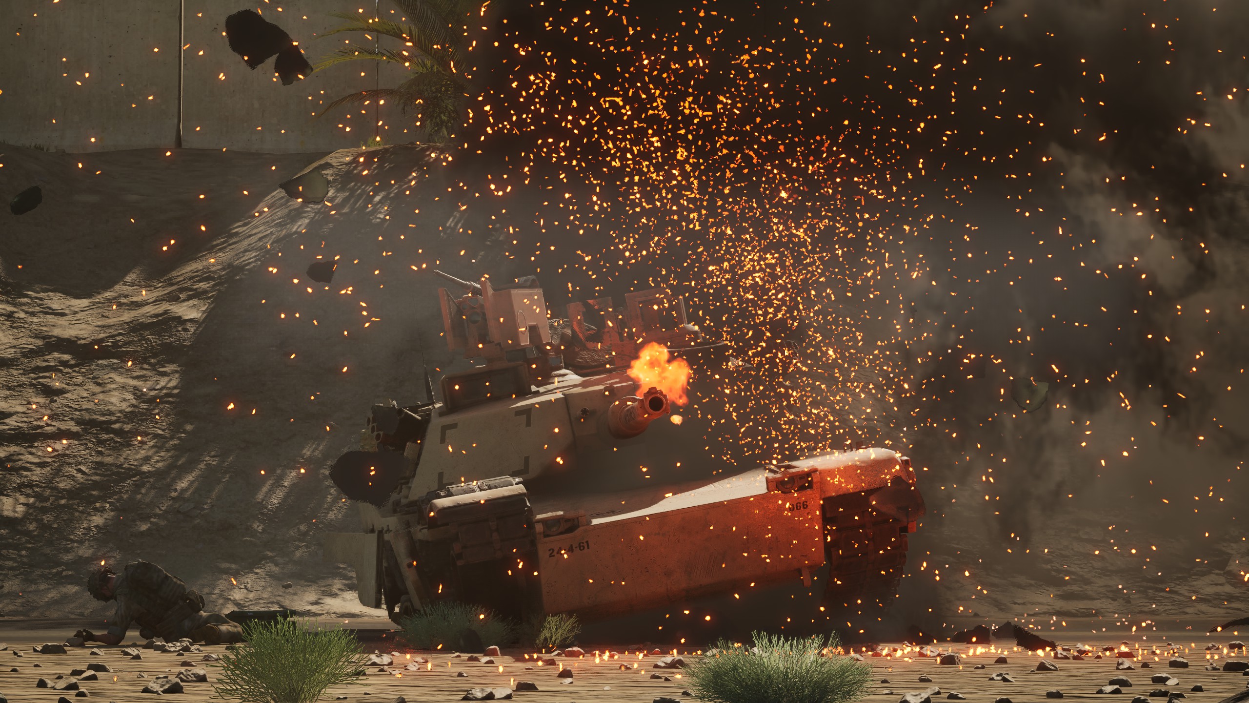 Bradley IFV passing a burning vehicle in the desert