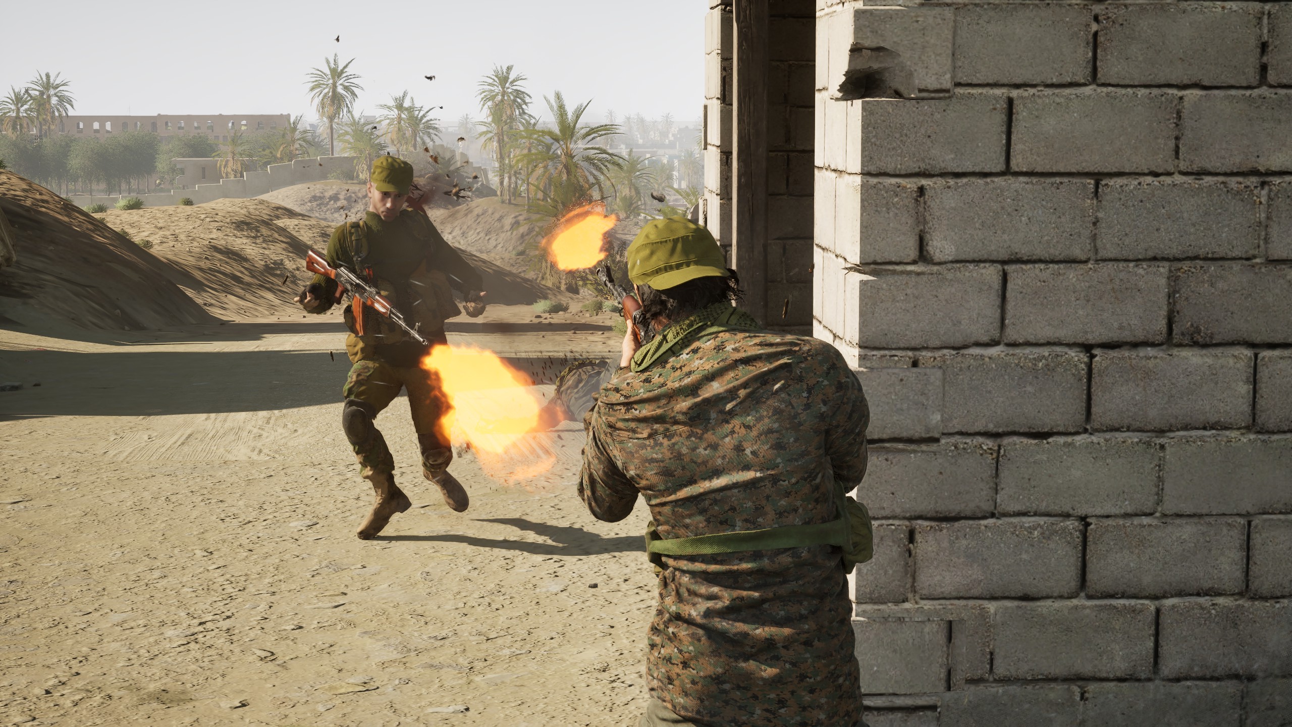 Soldier firing around a corner in close quarters combat