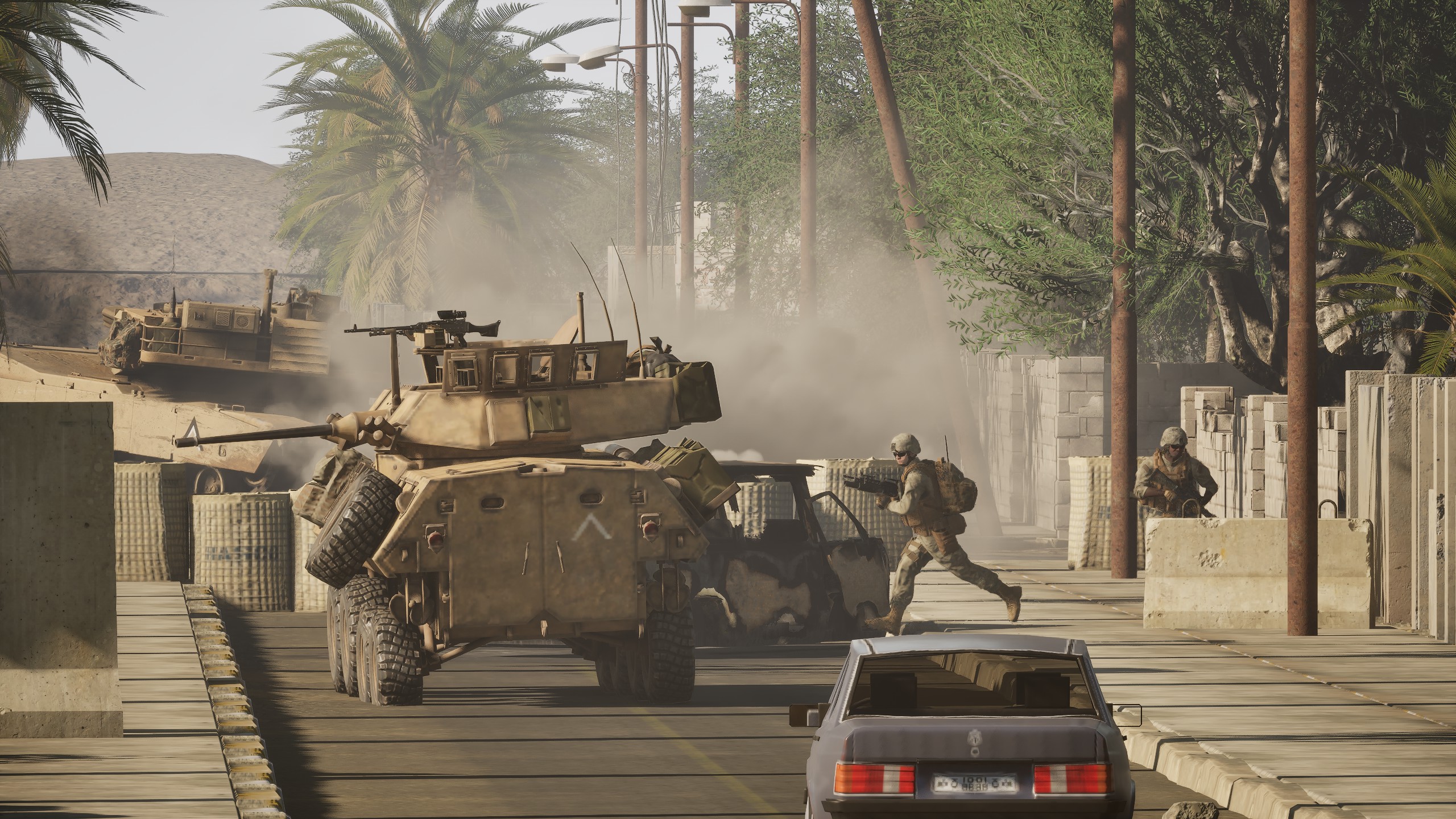 M1 Abrams pushing through an urban street with infantry